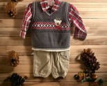 First Moments Gray Argyle Sweater Vest Reindeer Size 0-3M Plaid Shirt Ta... - $23.76