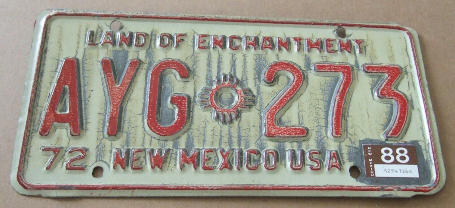 Primary image for 1972  NEW MEXICO LICENSE PLATE  AYG  Zia Sun Symbol 273  Expired Sticker:  88
