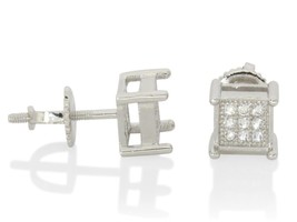 Small Square Studs Silver Plated Micro Pave Cz Screw On Earrings Hip Hop - £20.29 GBP