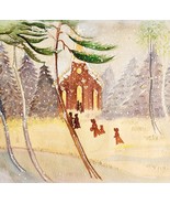 1960s Folk Art Original Watercolor Painting Church Patrons Snowy Landsca... - €61,72 EUR