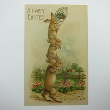 Easter Postcard Rabbits Ride on Backs Decorated Eggs Gold Embossed Antique - £11.78 GBP
