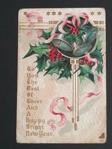 New Years Greeting Embossed Holly Bells Cheer Berries Antique Postcard c1910s  - £10.21 GBP