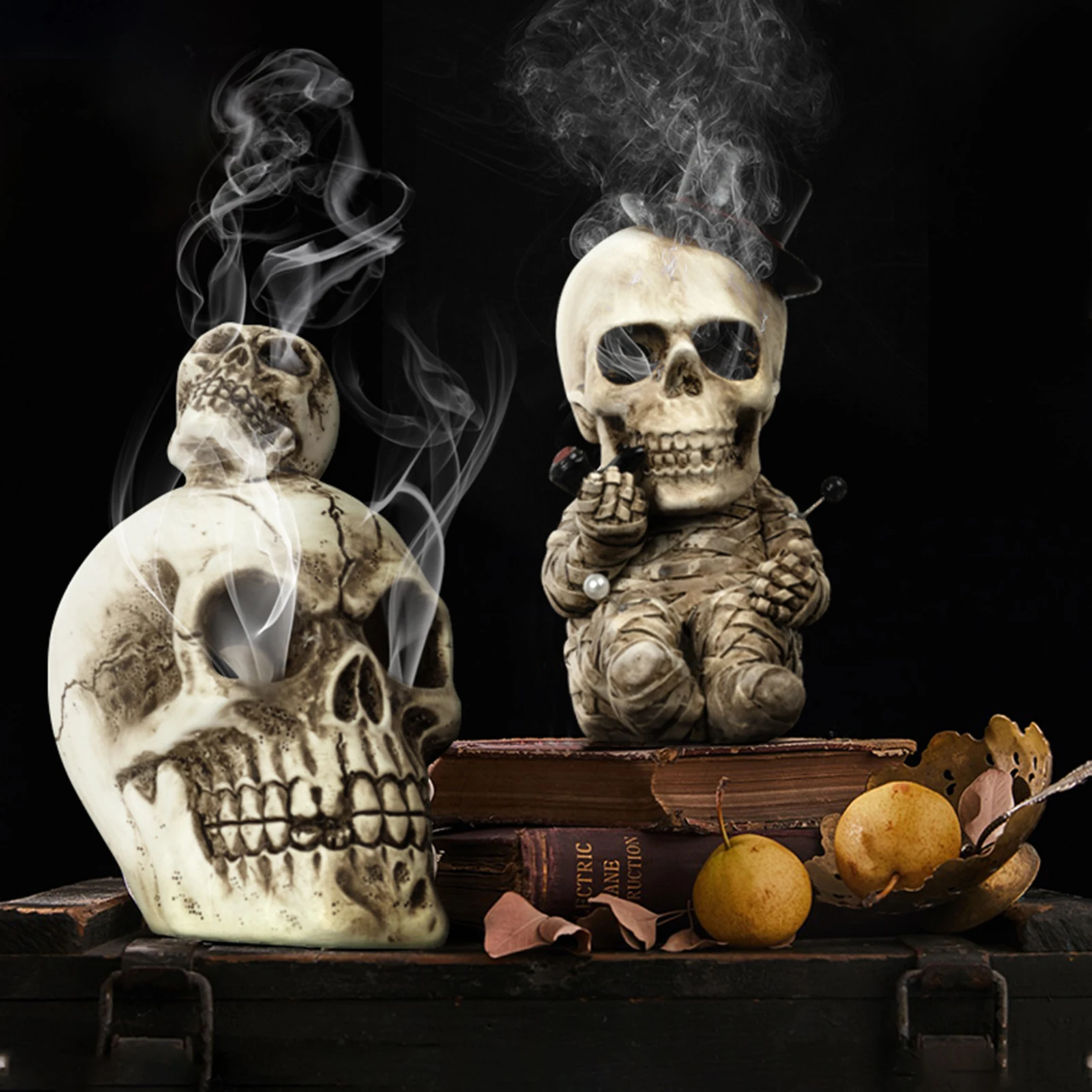 Human Skull Resin Statue Creepy Skull Backflow Incense Burner Punk Home - £11.16 GBP+