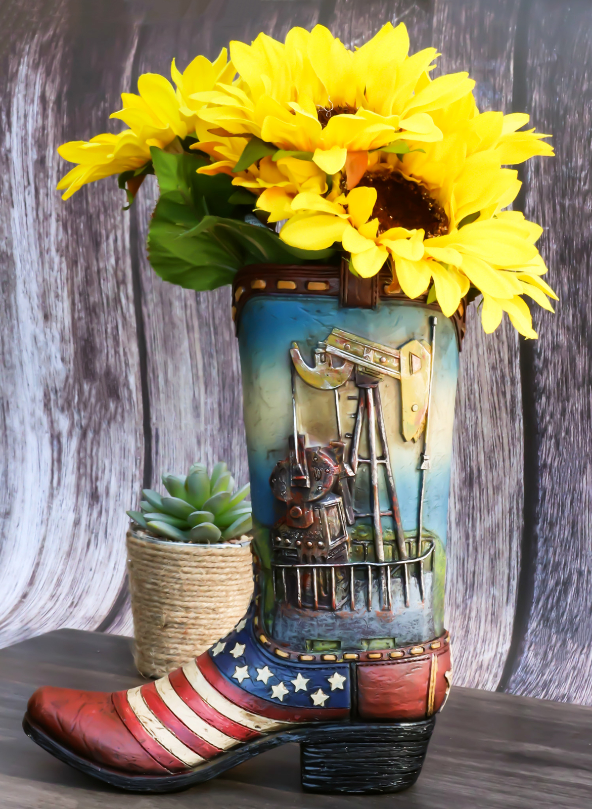 Primary image for Rustic Western Oil Derrick Pump Jack USA Flag Cowboy Boot Flower Vase Planter