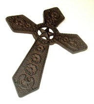 Large Metal Wall Cross Rustic Brown Distressed Star Western Horseshoe floral 11&quot; - £19.74 GBP