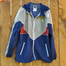 Adidas Men&#39;s Hooded Wind Breaker Zip up Jacket Blue Gray Red Size XL - $58.95