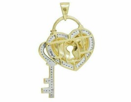 0.50 KT Diamante Rotondo Cuore Amore Serratura Chiave Ciondolo 14K Giallo Dorato - £104.64 GBP