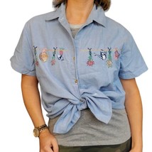 90s M L Chambray Blue Cottage Core Button Up Shirt Gardener Flowers Embr... - $28.93