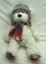 Hugfun Cute White Teddy Bear W/ Plaid Winter Hat 17&quot; Plush Stuffed Animal Toy - $19.80