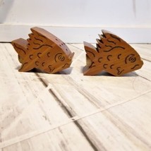 Wooden Carved Fish Salt and Pepper Shaker Set 1.75&quot; Tall Vintage. - $7.91
