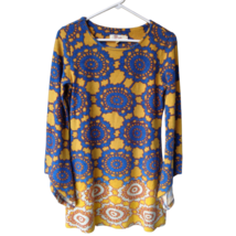 Aryeh Blue Mustard Yellow 60s Style Groovy Print Tunic Sweater Sz S Soft... - £27.17 GBP