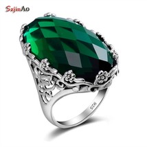 Emerald Rings For Women Oval Punk 925 Silver Ring Big Gemstone Vintage Viking El - £39.62 GBP