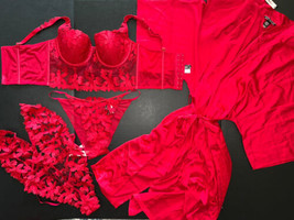 Victoria&#39;s Secret Longline 36C,36DD Bra Set Xl+L Teddy+Robe Red Floral Applique - £194.63 GBP