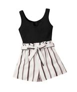 Girl&#39;s Sleeveless Notch Neck Belted Romper Striped Rib Knit Black White ... - $284.68 MXN