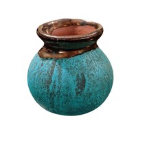 Redware Bulbous Ceramic Bud Vase Textured Turquoise Glaze Drip Gold Trim... - £18.67 GBP