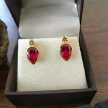 4Ct Pear Cut CZ Pink Ruby Solitaire Stud Earrings 14K Yellow Gold Finish - £83.92 GBP