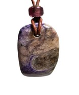 Charoite Unisex Pendant Necklace 32mm Brown Leather Cord Stainless Steel... - $32.55 CAD