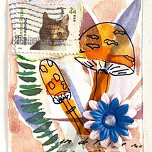 ACEO Original Watercolor Painting Mushrooms 2010 Kitty Cat Animal Rescue USA ATC - £11.97 GBP