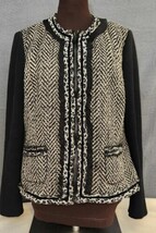 Womens Chico&#39;s Black Tweed Wool Blend Herringbone Zip Animal Print Jacke... - £23.66 GBP