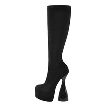 Women Platform Knee High Boots Black Flock High Elastic Spike Heels Side Zipper  - £110.53 GBP