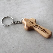 Olive Wood I LOVE JESUS Comfort Cross Keychain, Wooden Keychain Handmade... - £23.55 GBP