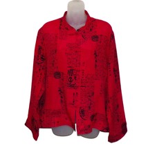 Chico&#39;s Red Black Top Silk Asian Style Print Button Front Long Sleeve sz 3 - £20.46 GBP