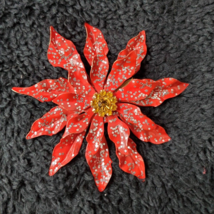 Vintage Metal Enamel Christmas Poinsettia Pin Brooch Flower Center Rhinestones - £15.22 GBP