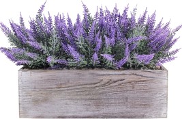 Fake Lavender Flower Arrangement In Rustic Rectangular Wood Planter Box - £29.68 GBP