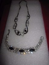 Vintage Marquis Black Onyx &amp; Clear Rhinestone Rhodium Necklace &amp; Bracele... - £26.37 GBP