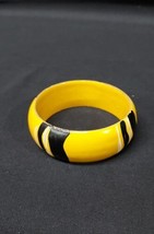 Old Wooden Hand Painted Yellow Black Striped Bangle Bracelet Jewelry Wood - £7.55 GBP