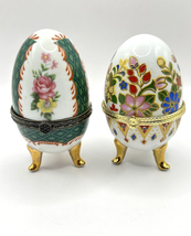Lot of 2 Porcelain Painted Floral Egg Trinket Box Vintage Hinged Footed 4&quot; - £18.76 GBP