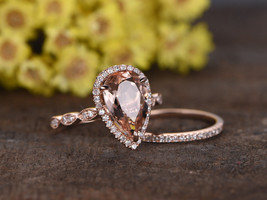 14k Rose Gold Finish 2.3ct Pear Morganite &amp; Diamond Bridal Wedding Ring Set - $70.11
