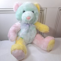 Vintage Pastel Teddy Bear plush sheer bow patchwork green pink yellow baby toy - £35.96 GBP