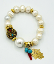 Natural Baroque Pearl Beaded Hamsa Hand Stretch Charm Bracelet - £19.08 GBP