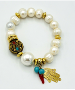 Natural Baroque Pearl Beaded Hamsa Hand Stretch Charm Bracelet - $23.76