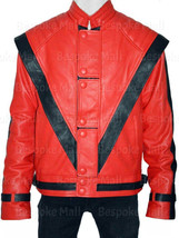 Micheal Jackson Thriller Red Black Striped Cowhide Leather Jacket All Size-42 - £143.69 GBP+