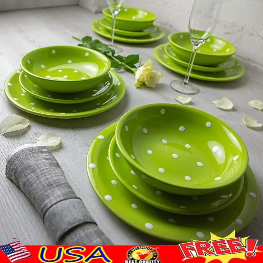 Handmade Ceramic Dinnerware Set 12 Piece Polka Dot Pottery Tableware Ser... - $796.74 CAD