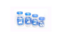 Four Carlton Glass Marmalade white geese blue checks canisters with lids. - $171.26