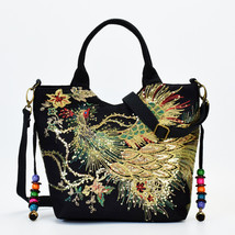 Women Fabric Shoulder Bag Chinese National Style Hand Embroidery Boho Peacock Re - £23.80 GBP