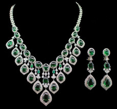 Bollywood CZ Bridal Fashion Silver Plated Jewelry Emerald Necklace Earrings - £225.38 GBP