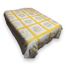 Vtg Yellow Ditzy Dresden Plate Quilt Scalloped Ice Cream Cone Border 81x100” - £102.81 GBP