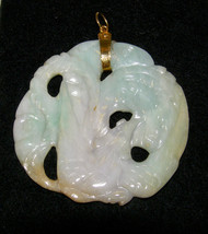 ANTIQUE/VINT. 14K Yellow GOLD+2-SIDED Carved 2-TONE Jade PENDANT- Lavender+Green - £93.02 GBP