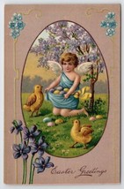Easter Greetings Child Angel With Colored Eggs And Chics Under Tree Postcard X25 - £4.68 GBP