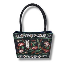 Vintage Handbag Glass Seed Beaded Floral Purse Black Red Flower Vietnamese - £38.58 GBP