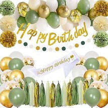  Green Birthday Party Decorations with Happy Birthday Banner Gold Fringe Cur - £21.81 GBP