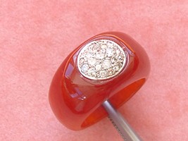 Vintage Carved Carnelian Ring w/ .52 Ctw Diamond Cluster Mound 1970 sz8+ - £869.70 GBP