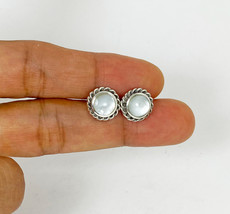 White Mother Pearl Round Textured Earrings 925 Sterling Silver, Handmade Jewelry - £31.16 GBP