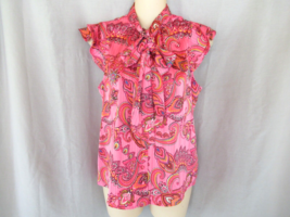 Joie top blouse tie neck button up  ruffled cap sleeves XS pink red paisley New - £25.05 GBP