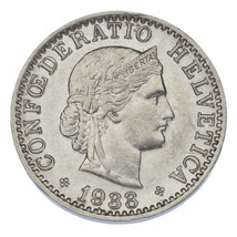 1933 Suiza 20 Rappen Moneda (About que No Ha Circulado, Au Estado) Km#29 - $88.35