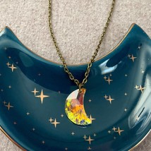 Crescent Moon Pendant Made With Swarovski Crystal AB Moon Necklace Antique Brass - £35.80 GBP